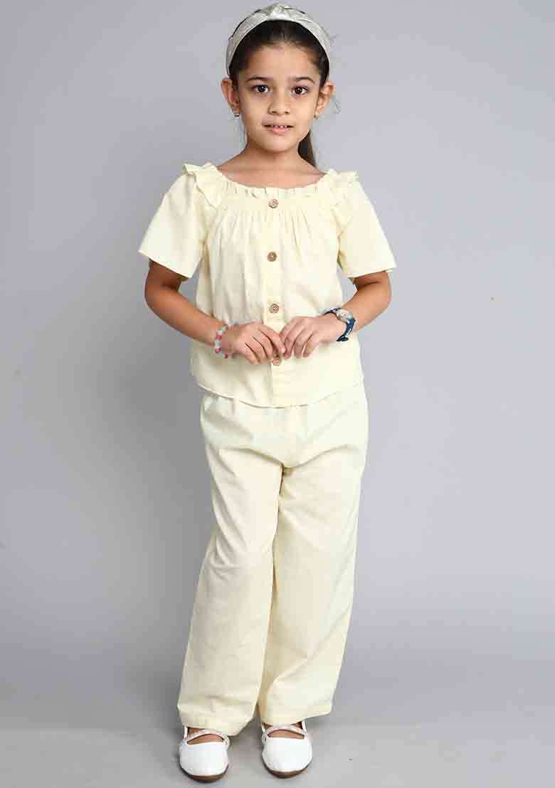 White Solid Cotton Co Ord Set For Girls - Indya