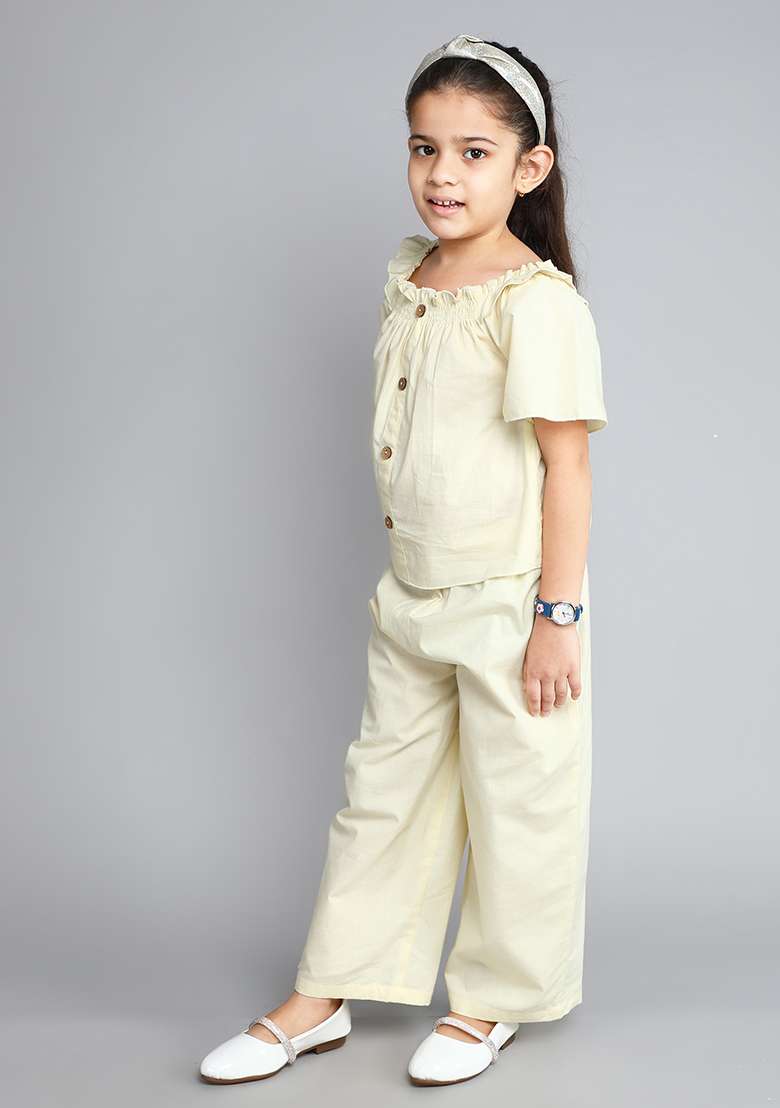 White Solid Cotton Co Ord Set For Girls - Indya