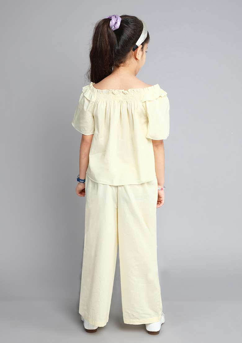 White Solid Cotton Co Ord Set For Girls - Indya