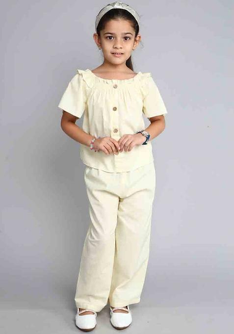 White Solid Cotton Co Ord Set For Girls