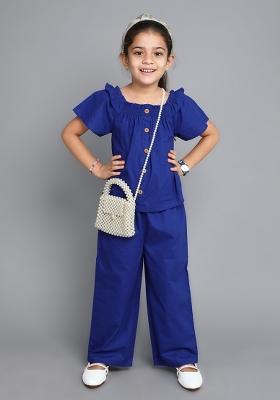 Blue Solid Cotton Co Ord Set For Girls