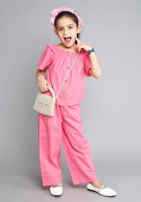 Pink Solid Cotton Co Ord Set For Girls