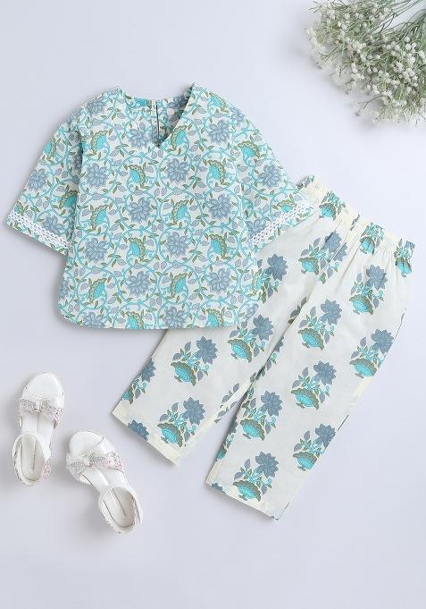 Green Printed Cotton Co Ord Set For Girls