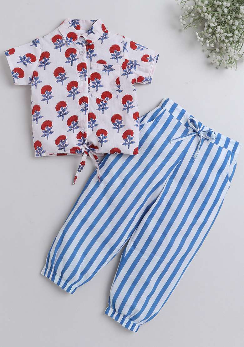 Red Printed Cotton Co Ord Set For Girls - Indya