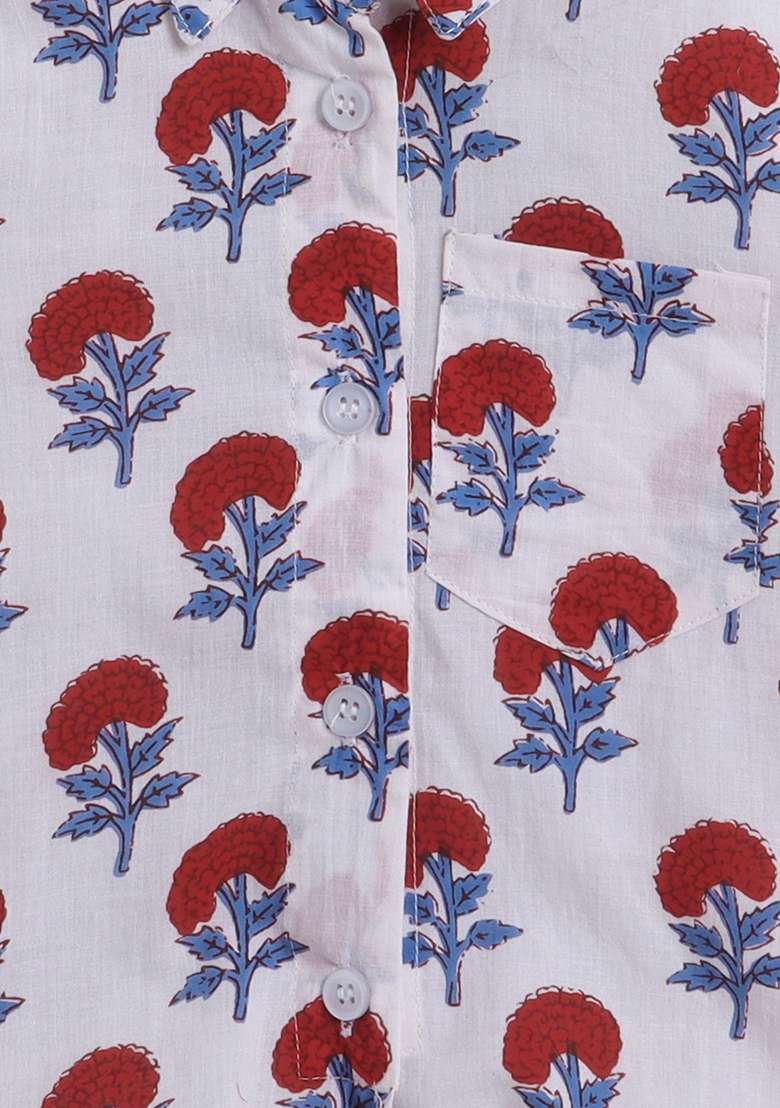 Red Printed Cotton Co Ord Set For Girls - Indya