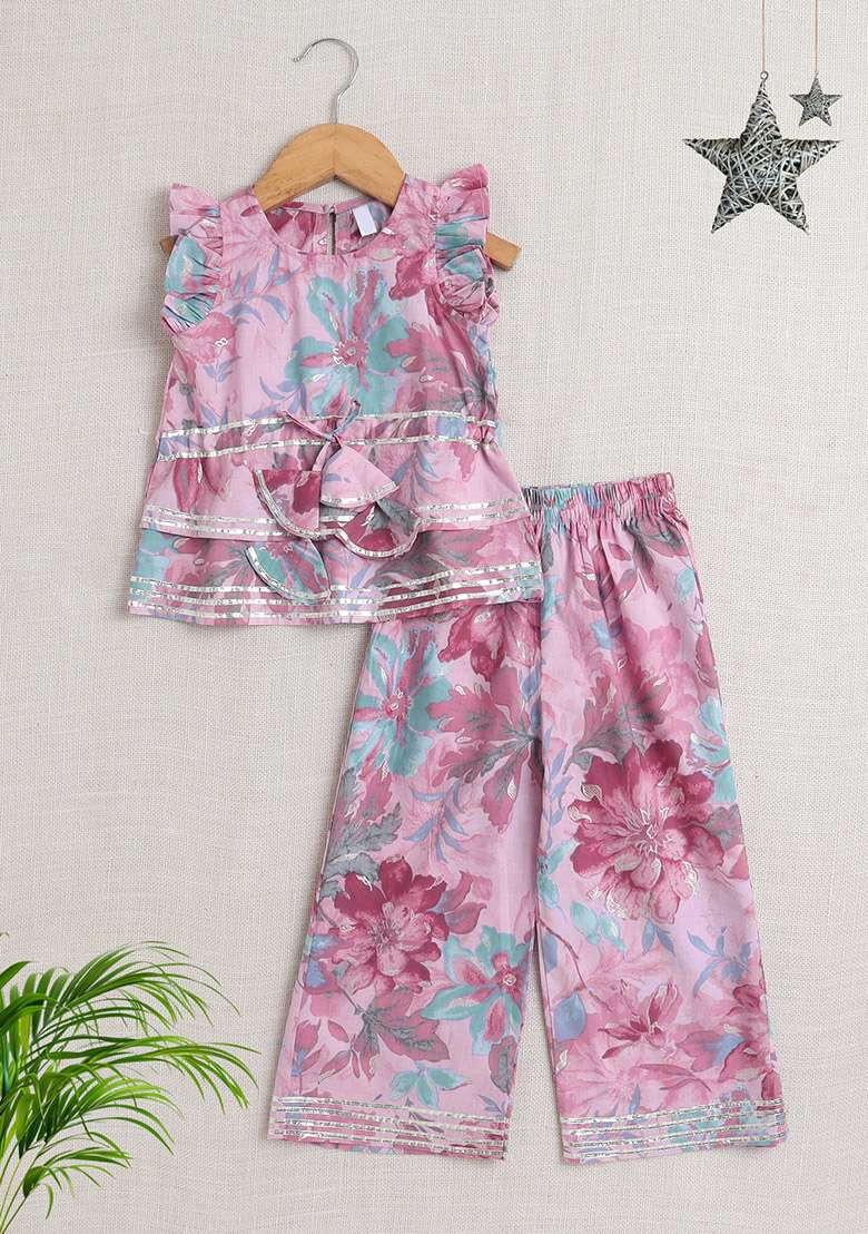 Pink Printed Cotton Co Ord Set For Girls - Indya
