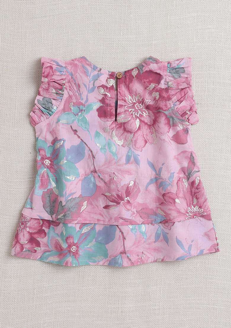 Pink Printed Cotton Co Ord Set For Girls - Indya