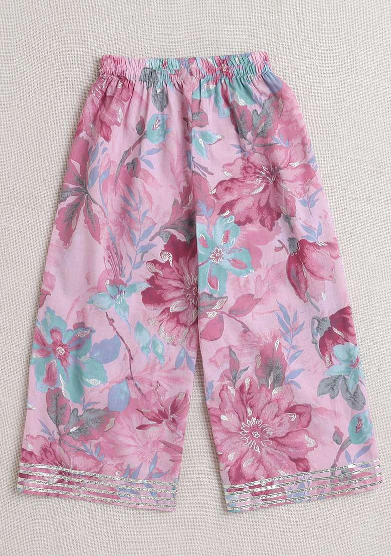 Pink Printed Cotton Co Ord Set For Girls - Indya