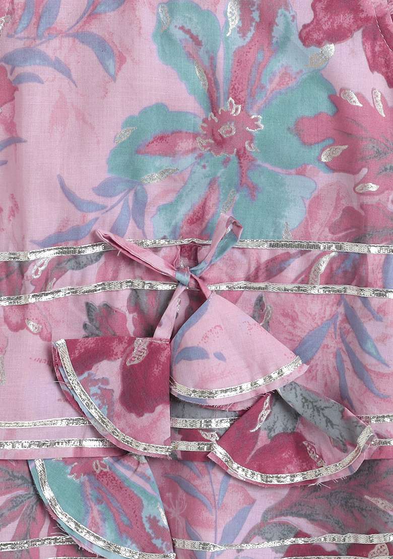 Pink Printed Cotton Co Ord Set For Girls - Indya
