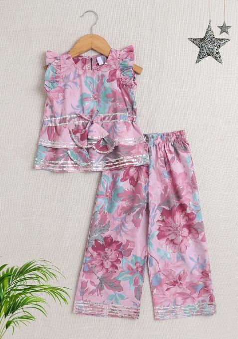 Pink Printed Cotton Co Ord Set For Girls