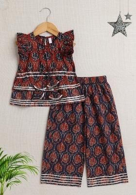 Maroon Printed Cotton Co Ord Set For Girls