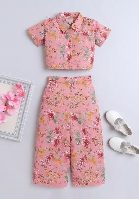 Peach Printed Cotton Co Ord Set For Girls