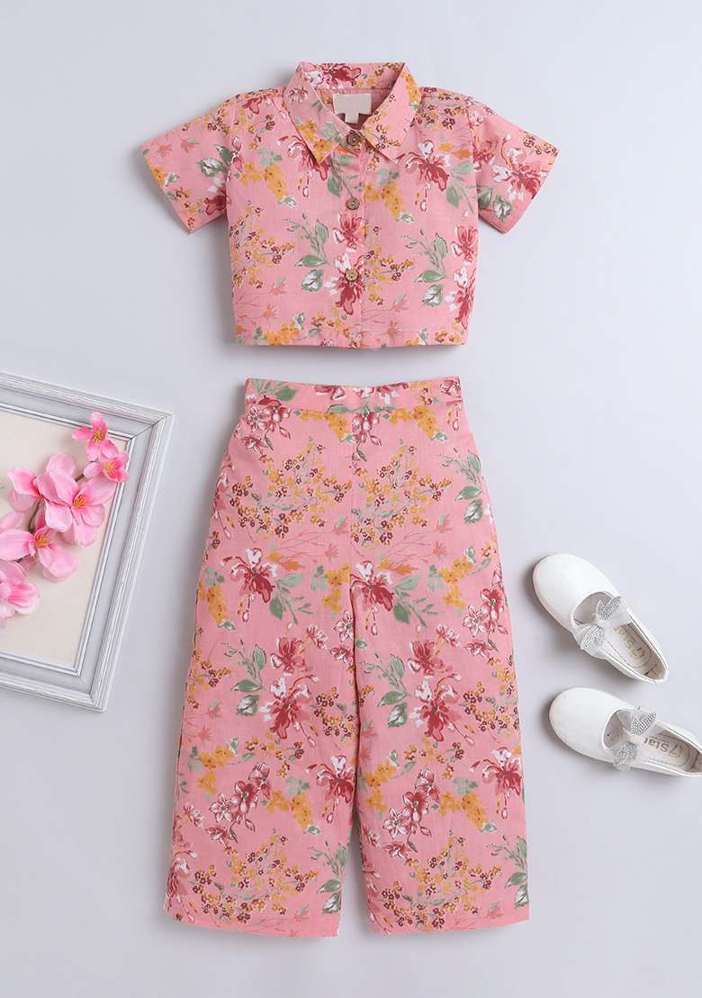Peach Printed Cotton Co Ord Set For Girls - Indya