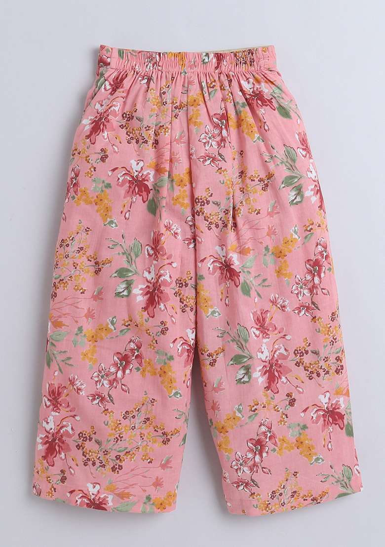Peach Printed Cotton Co Ord Set For Girls - Indya