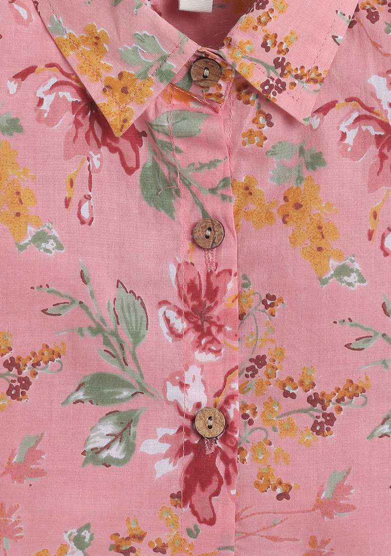 Peach Printed Cotton Co Ord Set For Girls - Indya