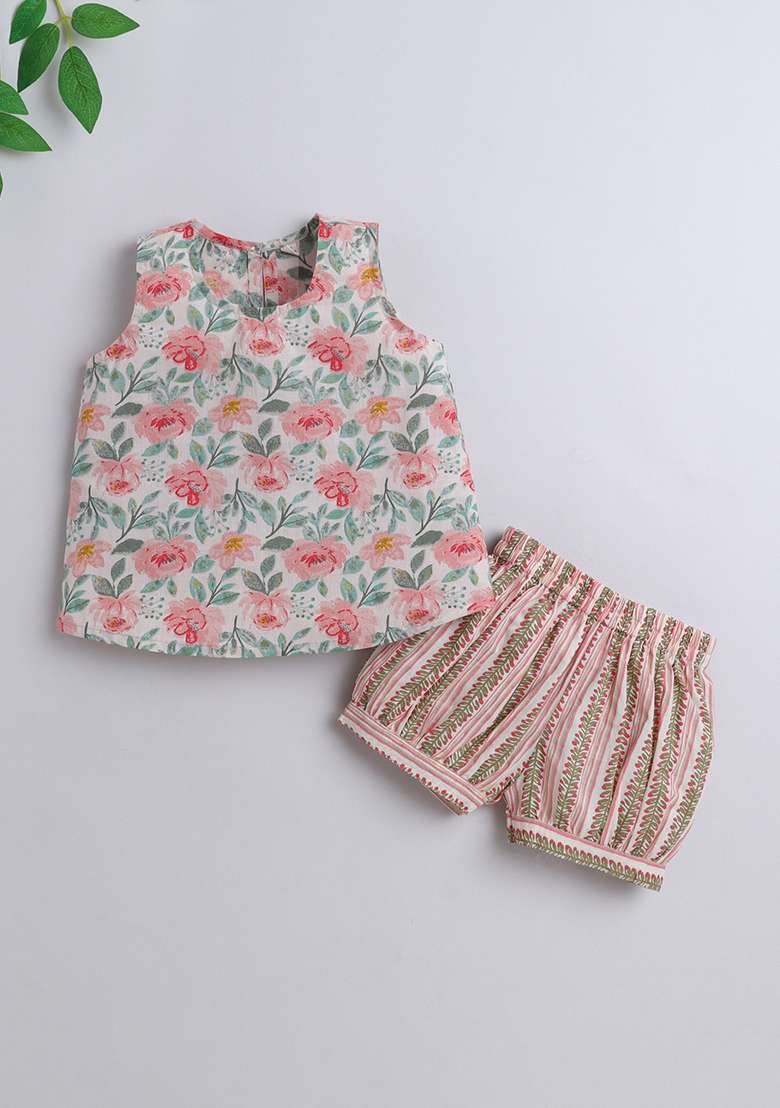 Peach Printed Cotton Co Ord Set For Girls - Indya