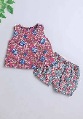 Peach Printed Rayon Co Ord Set For Girls
