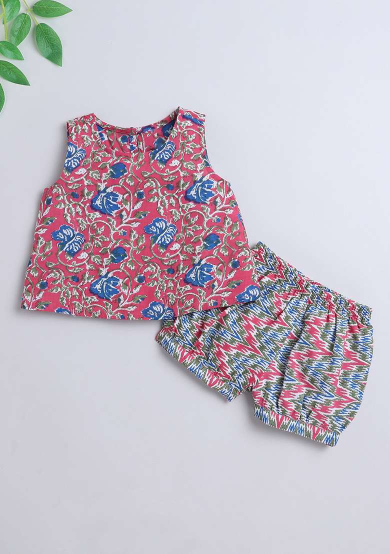 Peach Printed Rayon Co Ord Set For Girls - Indya
