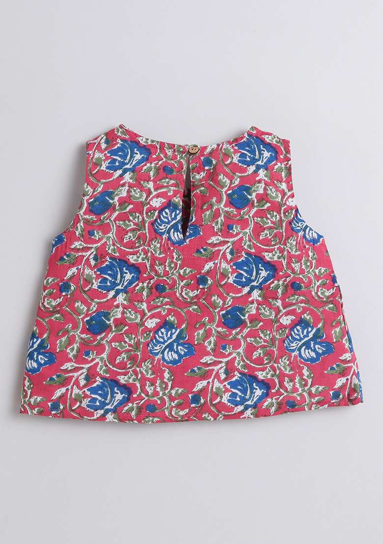 Peach Printed Rayon Co Ord Set For Girls - Indya