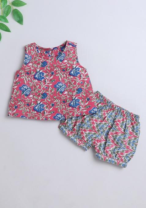Peach Printed Rayon Co Ord Set For Girls