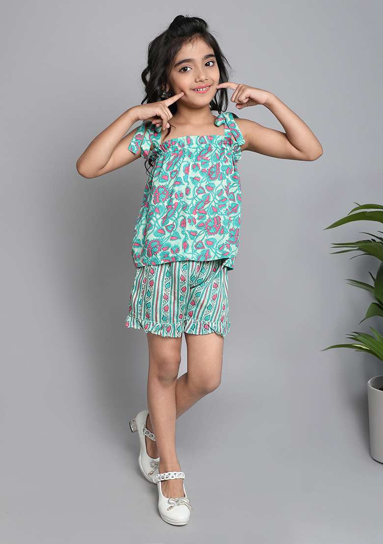 Green Printed Cotton Co Ord Set For Girls - Indya