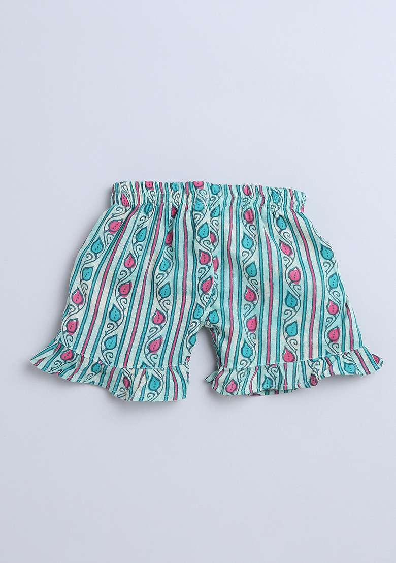 Green Printed Cotton Co Ord Set For Girls - Indya
