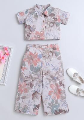 Brown Printed Cotton Co Ord Set For Girls