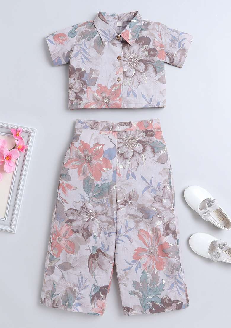 Brown Printed Cotton Co Ord Set For Girls - Indya