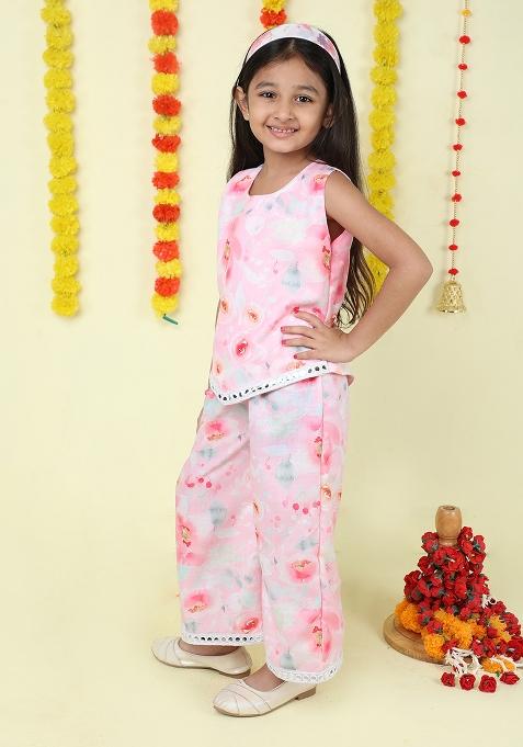 Pink Printed Cotton Co Ord Set For Girls