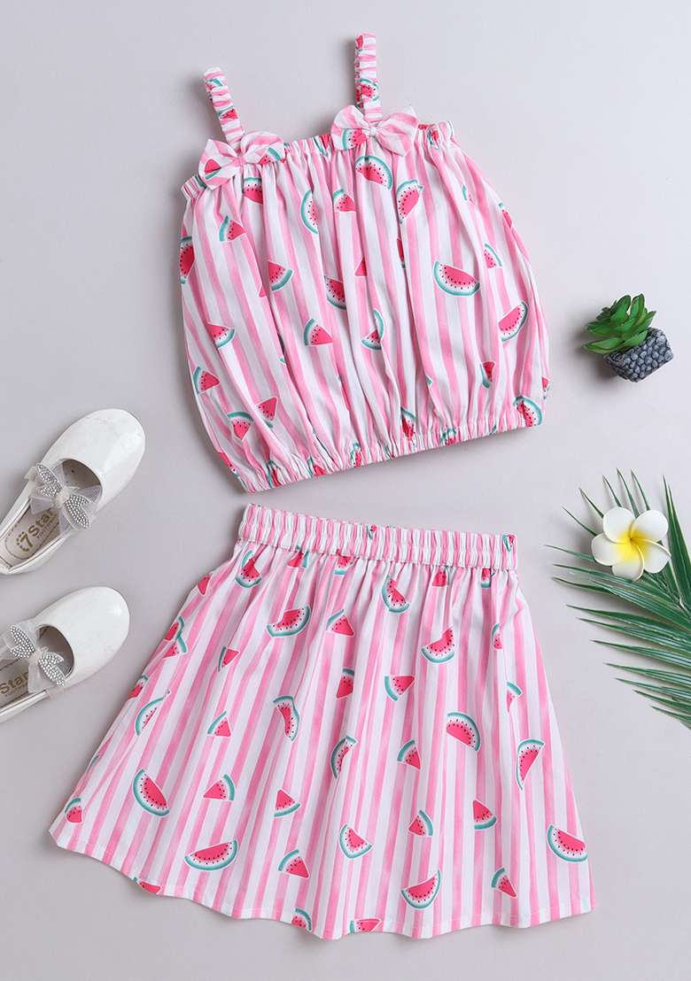 Pink Stripes Cotton Co Ord Set For Girls - Indya