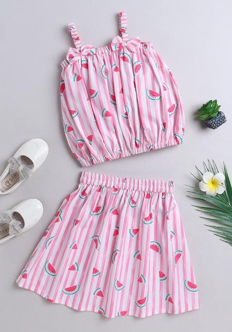 Pink Stripes Cotton Co Ord Set For Girls