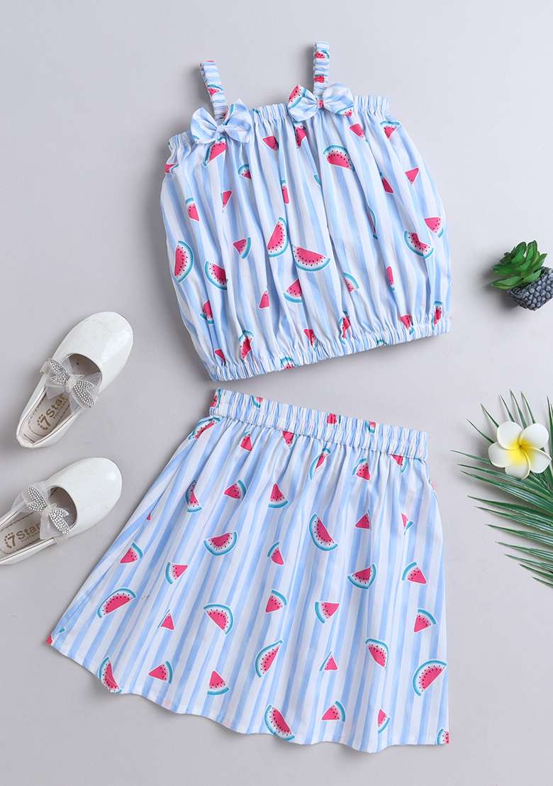 Blue Stripes Cotton Co Ord Set For Girls - Indya