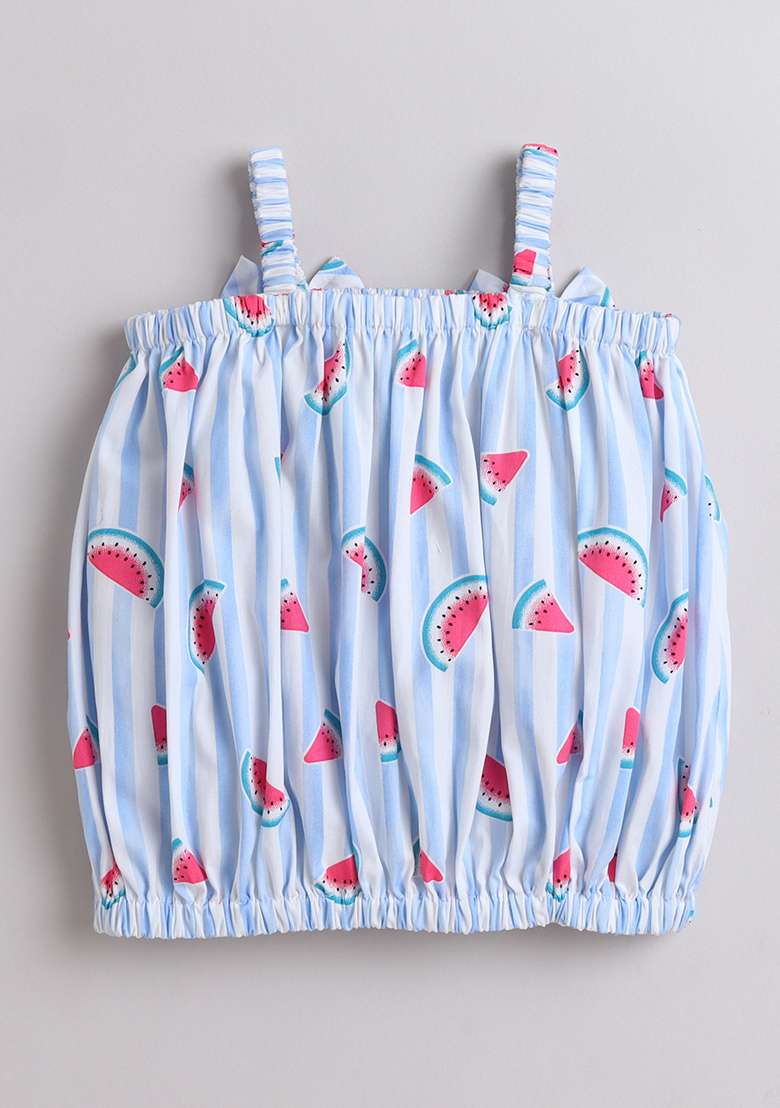Blue Stripes Cotton Co Ord Set For Girls - Indya