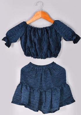 Girls Blue Pleated Crop Top Skirt Set