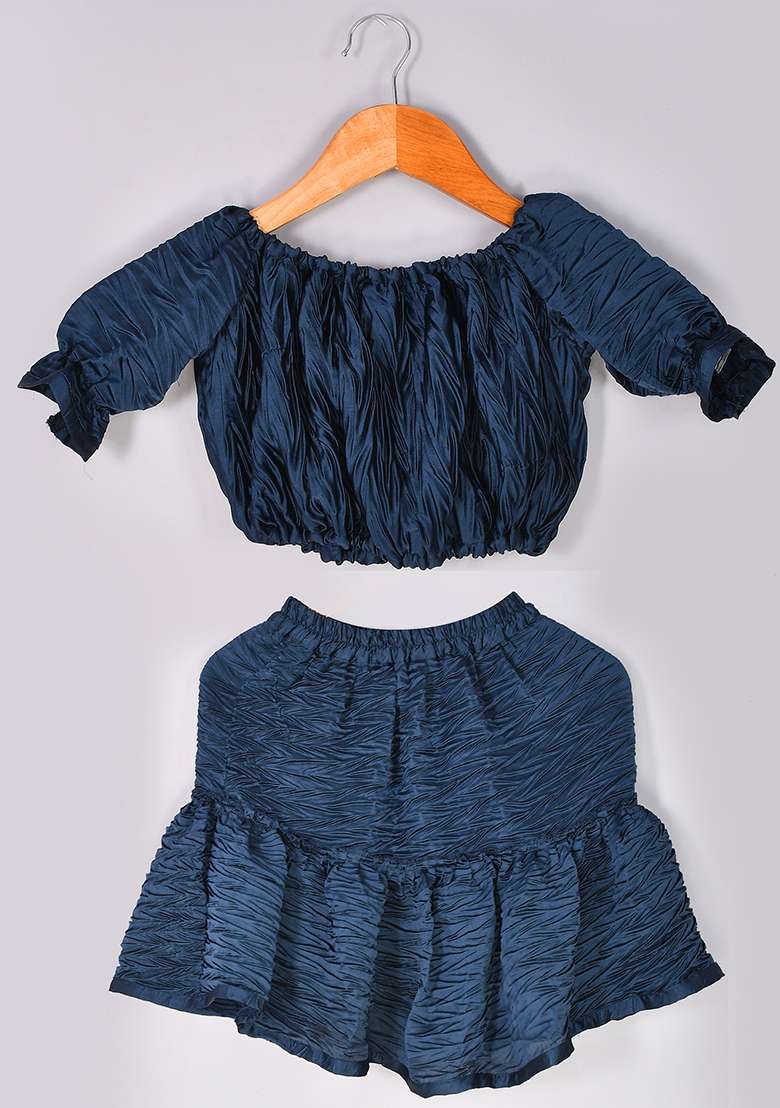 Girls Blue Pleated Crop Top Skirt Set - Indya
