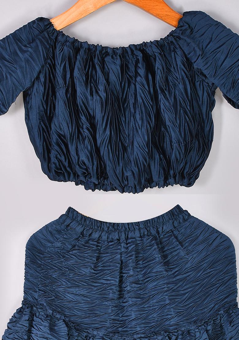 Girls Blue Pleated Crop Top Skirt Set - Indya