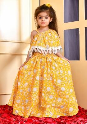 Girls Yellow Block Print Skirt Crop Top Set