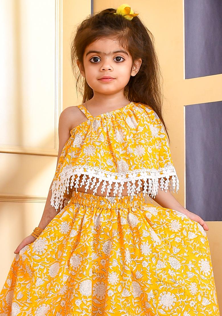 Girls Yellow Block Print Skirt Crop Top Set - Indya