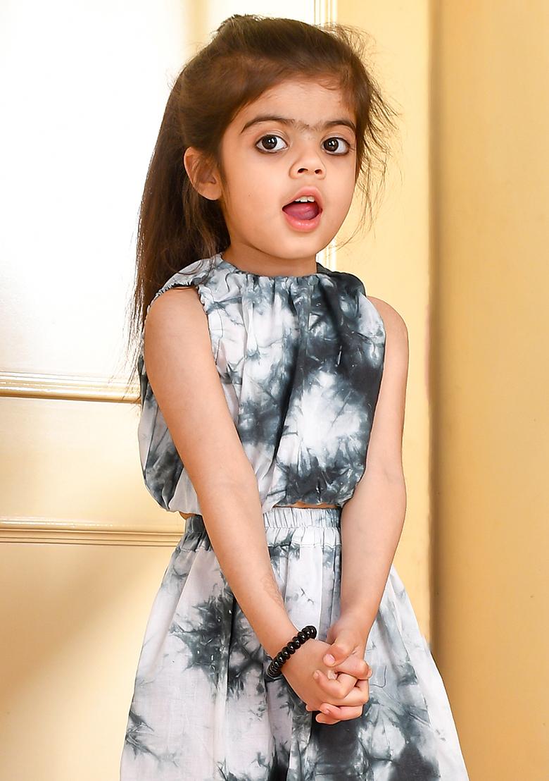 Girls Black And White Tie Dye Crop Top and Skirt Set - Indya