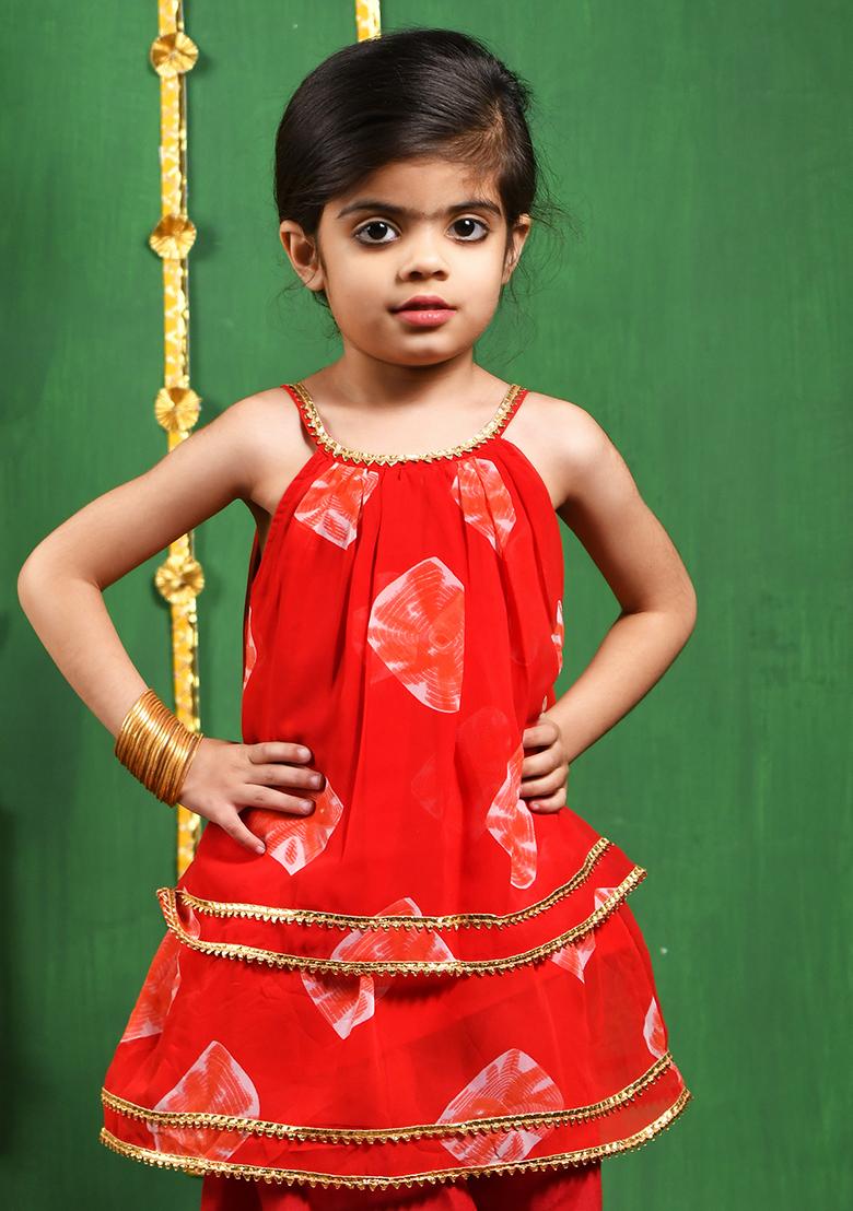 Girls Red Kurta and Dhoti Set - Indya
