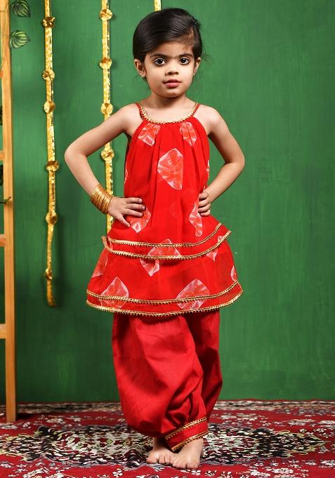 Girls Red Kurta and Dhoti Set
