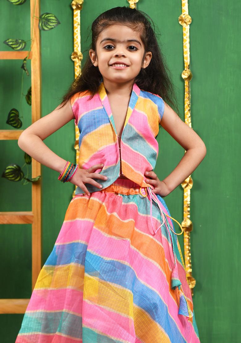 Girls Multi Leheriya Skirt Top Set - Indya