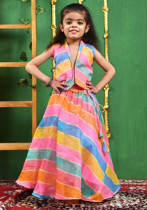 Girls Multi Leheriya Skirt Top Set