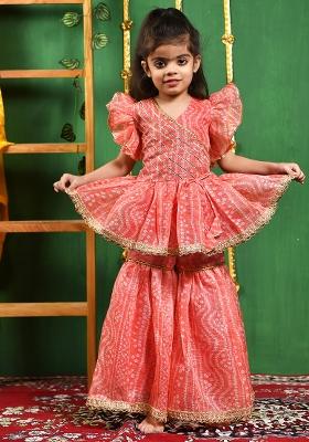Girls Peach Leheriya Printed Kurti With Lace Work Sharara Set