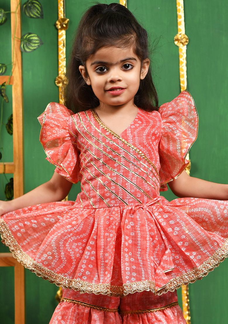 Girls Peach Leheriya Printed Kurti With Lace Work Sharara Set - Indya