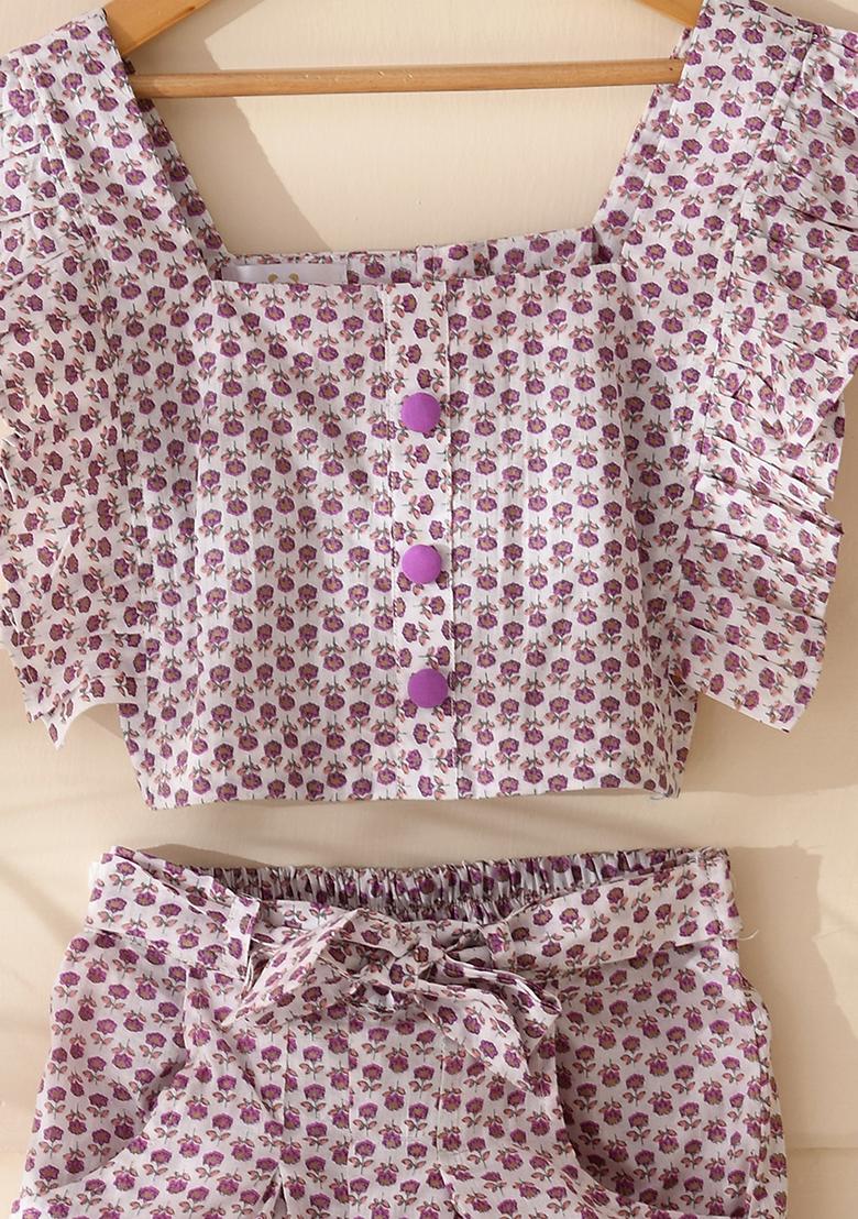 Girls White Printed Top and Shorts Set - Indya