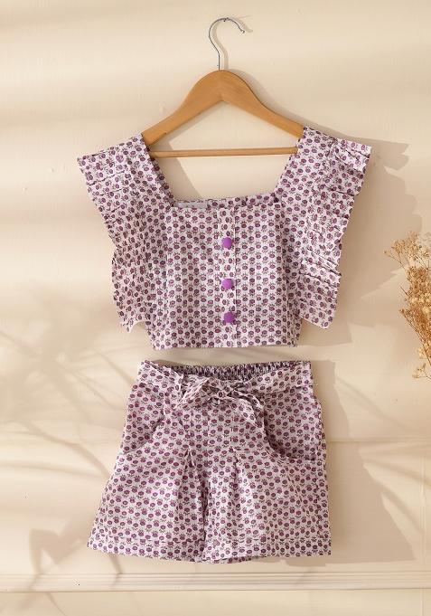 Girls White Printed Top and Shorts Set