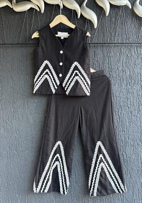 Black Slub Cotton Slub Co Ord Set For Girls