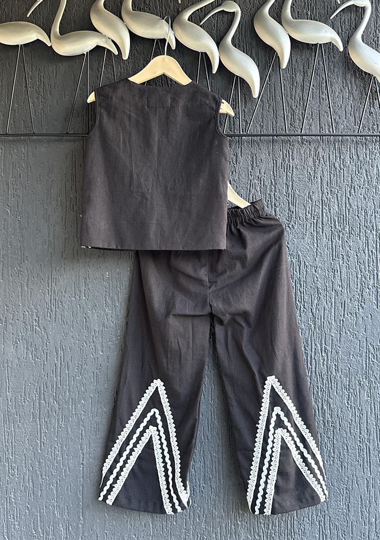 Black Slub Cotton Slub Co Ord Set For Girls - Indya