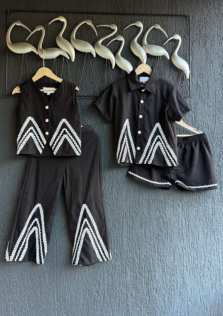 Black Slub Cotton Slub Co Ord Set For Girls - Indya